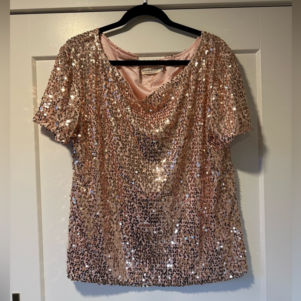 ANNA-KACI Rose Gold Sequin Short Sleeve Top